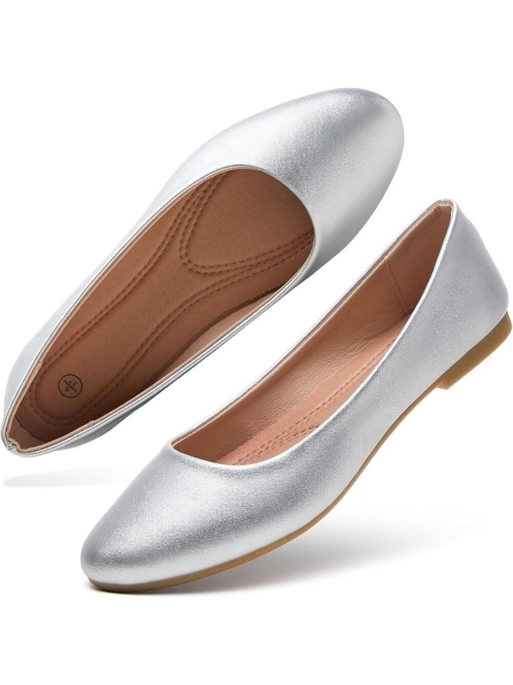 Women's Silver Comfortable PU Leather Round Toe Solid Slip on Ballet Flat Shoes